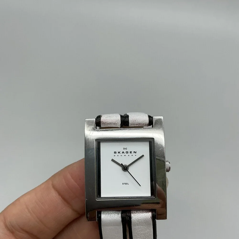 Skagen 228SSLW/8 Womens Watch 25mm White Dial Leather Stainless New Battery